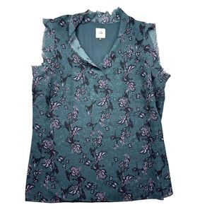 Cabi Tank Top Women's Medium Green Floral Sleeveless Frayed Lightweight Top Boho